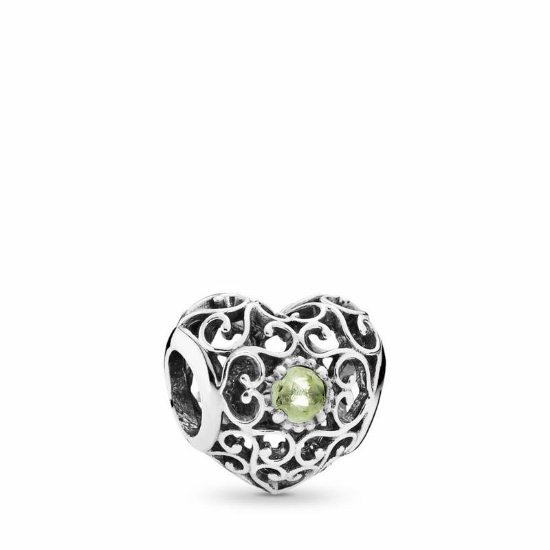 Pandora August Signature Heart Charm With Peridot Birthstone Ireland - Sterling Silver/Green/Peridot